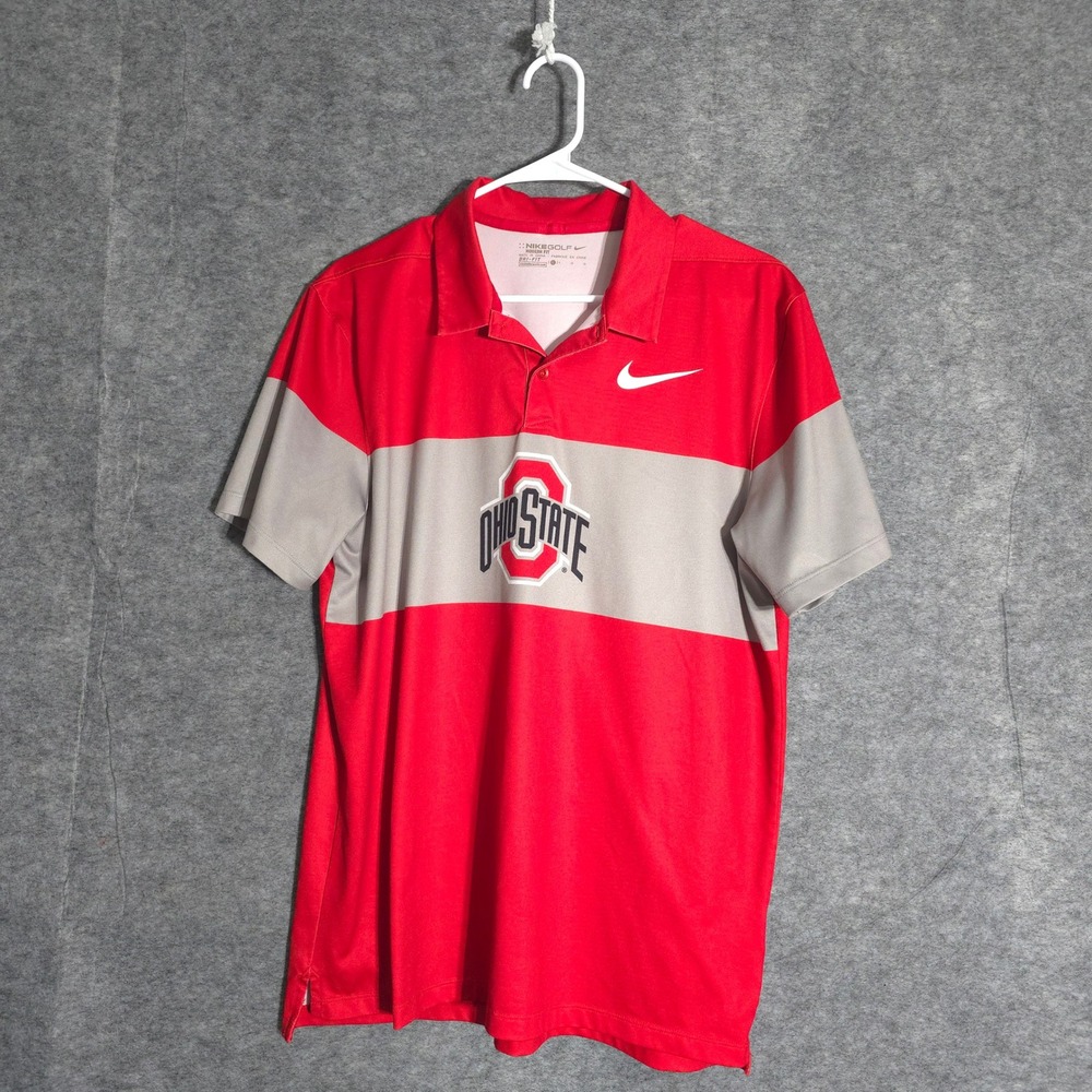 Nike Golf Ohio State Buckeyes Polo Shirt Mens L Red Gray Dri-Fit NCAA Official U